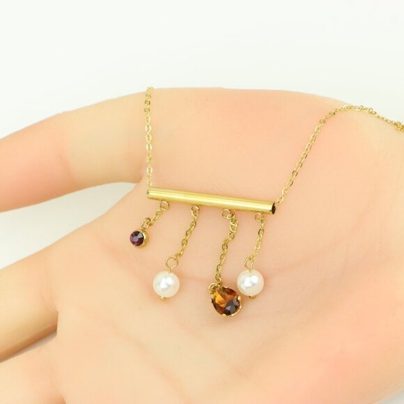 Yellow Gold Plated Pearl Drop Necklace with Crystal Charms, XPNL0361 - Picture 4 of 13